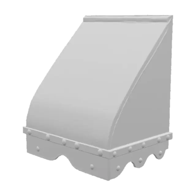 3D model for A weathered fabric awning, featuring alternating dark grey and off-white vertical stripes. Its surface shows visible signs of aging, with subtle rust-colored stains and fading on the fabric. The awning is constructed from multiple panels, creating a gently undulating, folded structure. Several orange-brown, oval-shaped buttons or fixtures are evenly spaced along its top edge. The fabric feels coarse and somewhat stiff from exposure, while the buttons appear solid, giving the entire piece a worn, utilitarian yet classic street-side aesthetic.