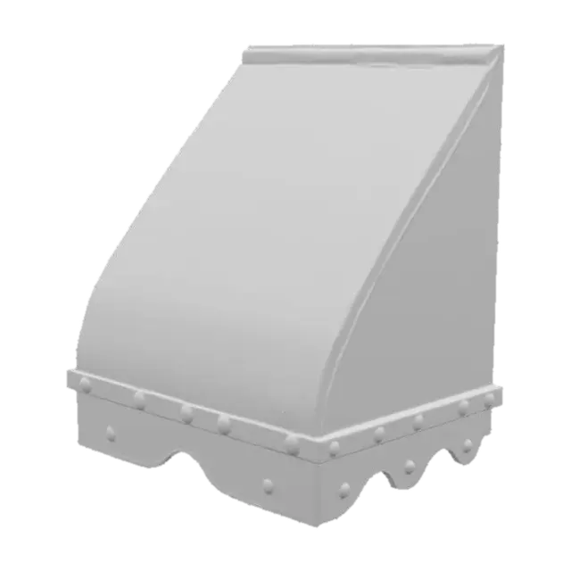 3D model for A weathered fabric awning, featuring alternating dark grey and off-white vertical stripes. Its surface shows visible signs of aging, with subtle rust-colored stains and fading on the fabric. The awning is constructed from multiple panels, creating a gently undulating, folded structure. Several orange-brown, oval-shaped buttons or fixtures are evenly spaced along its top edge. The fabric feels coarse and somewhat stiff from exposure, while the buttons appear solid, giving the entire piece a worn, utilitarian yet classic street-side aesthetic.