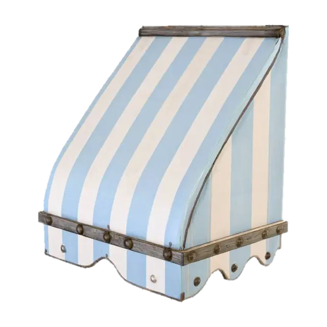 3D model for A weathered fabric awning, featuring alternating dark grey and off-white vertical stripes. Its surface shows visible signs of aging, with subtle rust-colored stains and fading on the fabric. The awning is constructed from multiple panels, creating a gently undulating, folded structure. Several orange-brown, oval-shaped buttons or fixtures are evenly spaced along its top edge. The fabric feels coarse and somewhat stiff from exposure, while the buttons appear solid, giving the entire piece a worn, utilitarian yet classic street-side aesthetic.