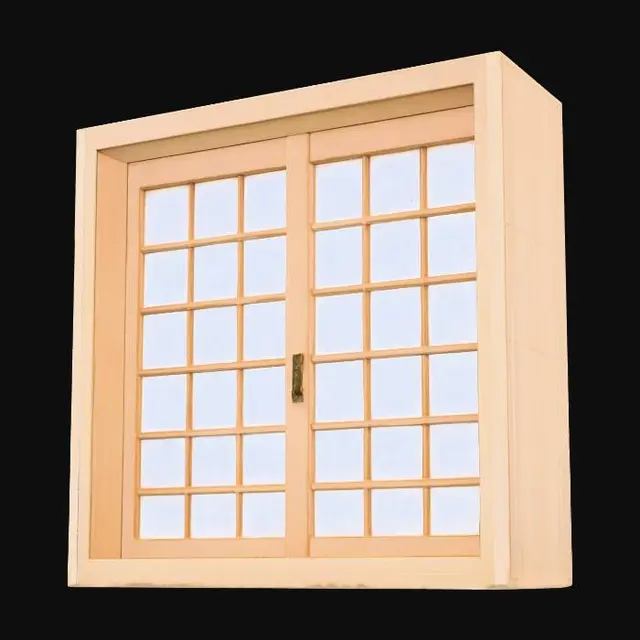 3D model for 一扇经典的日式木窗，呈长方形结构，由浅色且纹理细腻的天然木材制成。窗框线条简洁，内部通常由数个垂直和水平的细木条构成格子状，并镶嵌着半透明的障子纸或磨砂玻璃。木材表面经过精心打磨，触感温润而光滑。整体造型素雅而精致，散发出一种宁静、禅意的和风美学，木质框架坚固而轻盈。