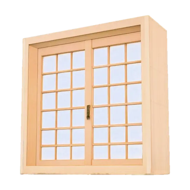 3D model for 一扇经典的日式木窗,呈长方形结构,由浅色且纹理细腻的天然木材制成。窗框线条简洁,内部通常由数个垂直和水平的细木条构成格子状,并镶嵌着半透明的障子纸或磨砂玻璃。木材表面经过精心打磨,触感温润而光滑。整体造型素雅而精致,散发出一种宁静、禅意的和风美学,木质框架坚固而轻盈。