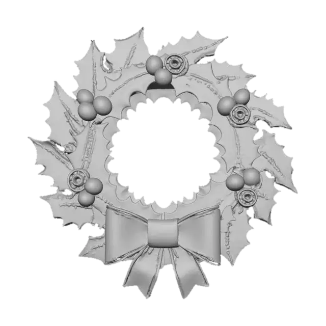 3D model for A stylized PBR 3D game asset, an industrial metal Christmas wreath. The holly leaves are sharp, cut sheet metal plates painted dark green, with heavy rust and visible weld marks. The red berries are oversized copper rivets and rusty ball bearings. A "bow" made of folded scrap metal sheet is at the bottom. Sharp edges, heavy industrial texture, hand-painted metal wear.