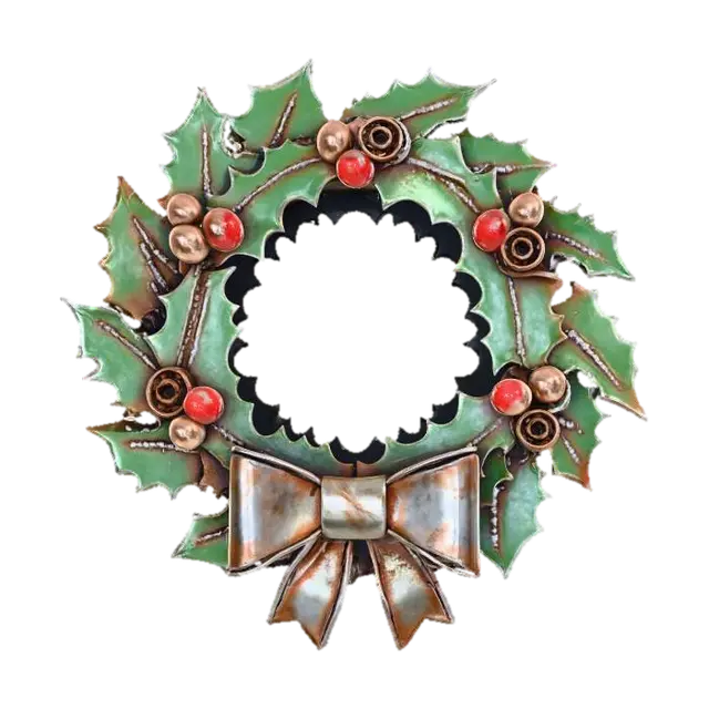3D model for A stylized PBR 3D game asset, an industrial metal Christmas wreath. The holly leaves are sharp, cut sheet metal plates painted dark green, with heavy rust and visible weld marks. The red berries are oversized copper rivets and rusty ball bearings. A "bow" made of folded scrap metal sheet is at the bottom. Sharp edges, heavy industrial texture, hand-painted metal wear.