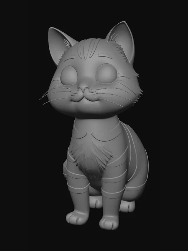 3D model for 一只Q版卡通猫,圆头大眼,三头身比例,毛茸茸质感,低多边形风格,四肢简短,尾巴卷曲,带简单颜色(橘色条纹),游戏角色专用。