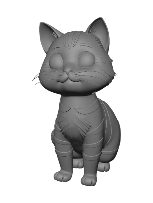 3D model for 一只Q版卡通猫，圆头大眼，三头身比例，毛茸茸质感，低多边形风格，四肢简短，尾巴卷曲，带简单颜色（橘色条纹），游戏角色专用。