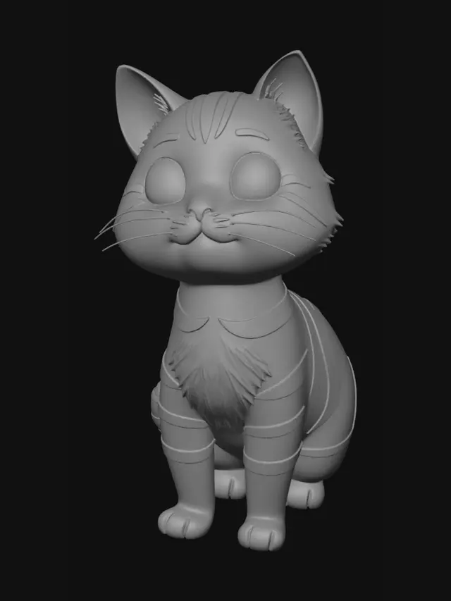 3D model for 一只Q版卡通猫,圆头大眼,三头身比例,毛茸茸质感,低多边形风格,四肢简短,尾巴卷曲,带简单颜色(橘色条纹),游戏角色专用。