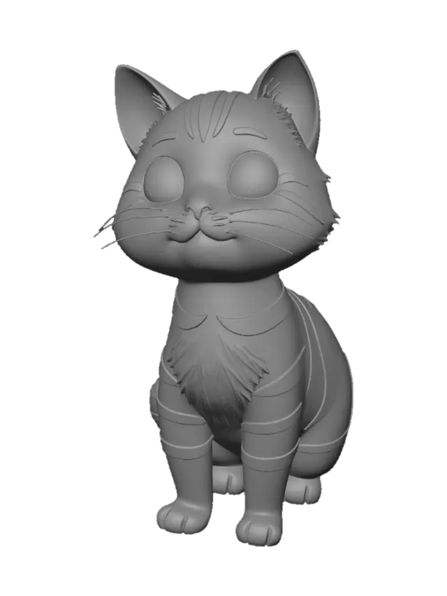 3D model for 一只Q版卡通猫，圆头大眼，三头身比例，毛茸茸质感，低多边形风格，四肢简短，尾巴卷曲，带简单颜色（橘色条纹），游戏角色专用。
