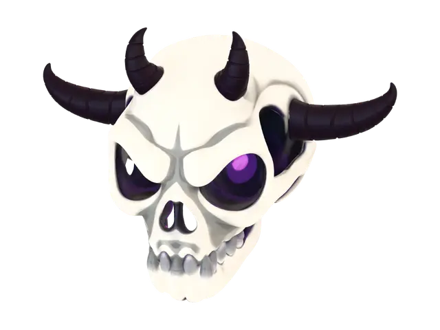 3D model for A floating cursed skull monster. Low-poly stylized game asset, cartoon dark-fantasy, flat-shaded. A single simple skull with glowing eye sockets and small horns, hovering. Bone-white with faint purple glow, flat solid colors, smooth rounded low-poly shape, symmetrical, no body, no limbs. Single centered object, game-ready, plain neutral background, no base.