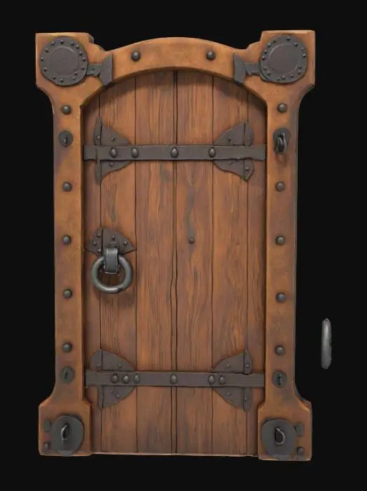 3D model for Ancient wooden dungeon door with frame, heavy iron hinges and ring handle, slightly warped wood texture, designed to fit standard modular wall opening, separate door and frame meshes, stylized fantasy.