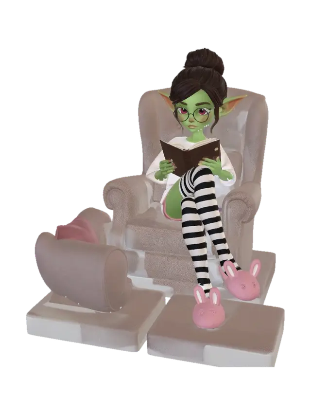 Elf Girl Reading by the Fireplace 3D model, vytvořený pomocí AI
