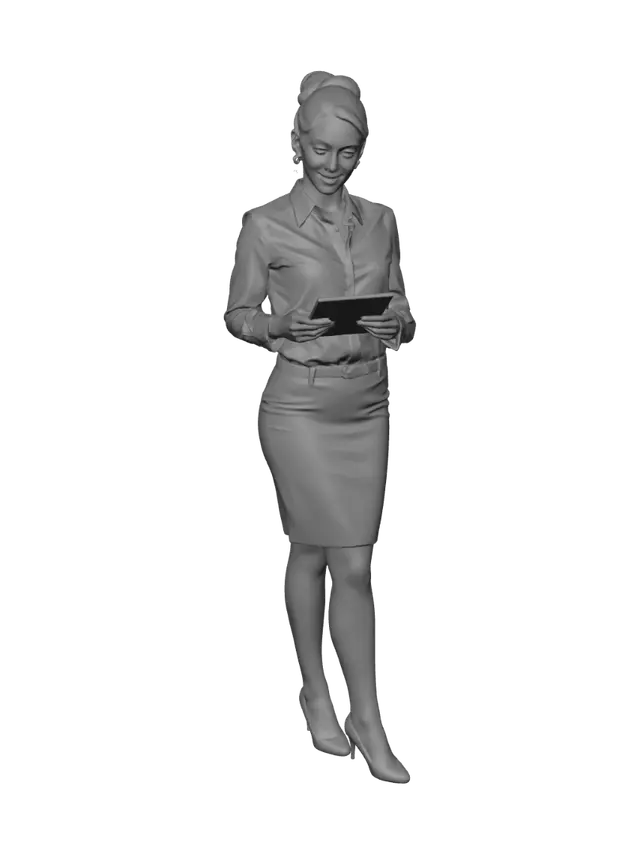 3D model for "Stylized dark dystopian fantasy white-collar office worker full body figure, highly detailed unique 3D model, dramatic cinematic lighting, original never-seen-before design, standing pose with office desk setup, solid thick base connected to feet, no floating parts, no thin weak elements, reinforced thick structures for 3D printing, clean mesh optimized, dark cyber-noir atmosphere, professional yet sinister fantasy aesthetic, elegant woman in tight dark blouse and pencil skirt, perfect bun with floating magical pens, seductive dangerous smile, holding tablet with holographic data, standing beside messy dark office desk with glowing screens"