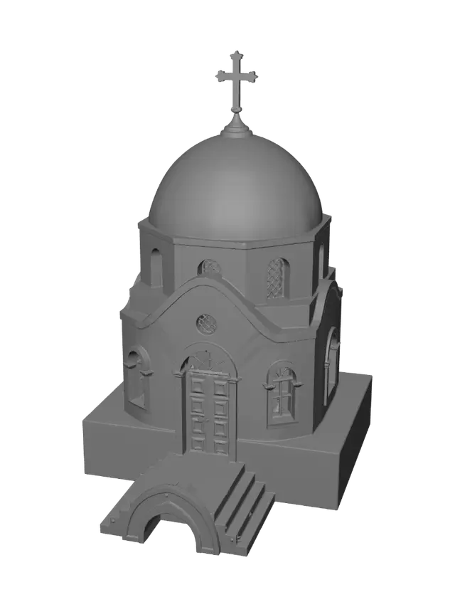 3D model for Eine griechisch Orthodoxe Kirche im Santorini Stil. Blaues Dach und Kreuz darauf. Gute Qualität