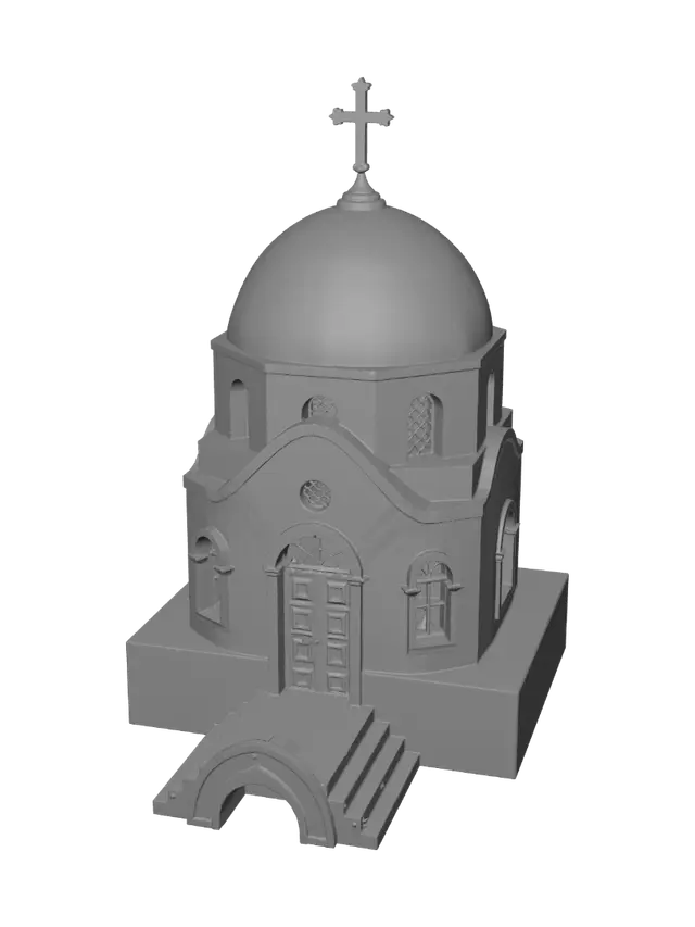 3D model for Eine griechisch Orthodoxe Kirche im Santorini Stil. Blaues Dach und Kreuz darauf. Gute Qualität