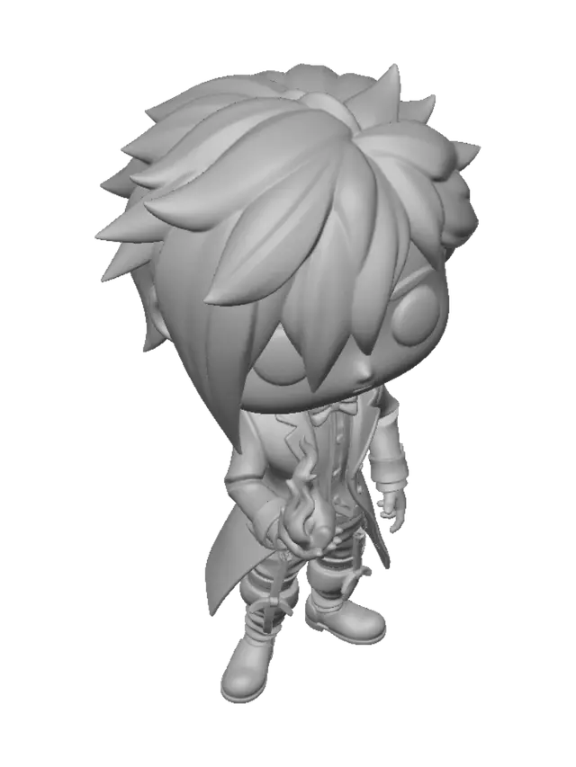 3D model for Chibi Funko Pop style vinyl figure of Iori Yagami from King of Fighters, oversized head, big black eyes, stylized small body, bright red hair covering one eye, black tailcoat jacket with gold buttons over a long white collared shirt, red trousers bound with a strap between the knees, black choker, holding a glowing purple flame in his left hand, standing pose, plain white background, 3D render style.