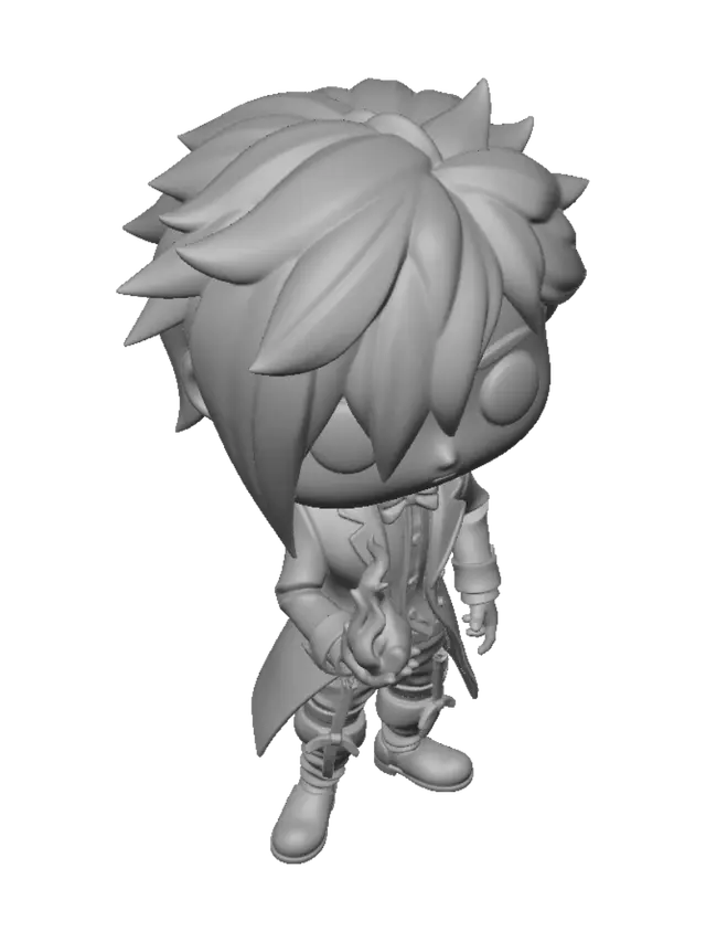 3D model for Chibi Funko Pop style vinyl figure of Iori Yagami from King of Fighters, oversized head, big black eyes, stylized small body, bright red hair covering one eye, black tailcoat jacket with gold buttons over a long white collared shirt, red trousers bound with a strap between the knees, black choker, holding a glowing purple flame in his left hand, standing pose, plain white background, 3D render style.