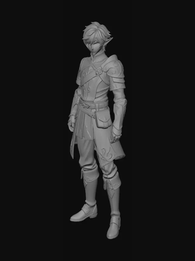 3D model for Game-ready semi-realistic young male elf adventurer, full body front view, neutral relaxed A-pose, clean white background, optimized for Image to 3D and basic animations. Simple animation-friendly outfit: olive green short tunic, fitted dark brown pants, leather belt, small pouch, wrist guards, sturdy boots. Pointed ears, dark tousled hair, slim athletic body, calm face. Clear readable silhouette, visible hands, arms slightly away from body, legs slightly apart. No robe, no cape, no chains, no dangling cloth, no weapon, no staff, no floating accessories, no text, no logo.