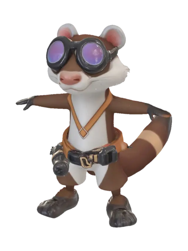 : Cute anthropomorphic ferret character standing upright on two legs, T-pose, bold… 3D model, vytvořený pomocí AI