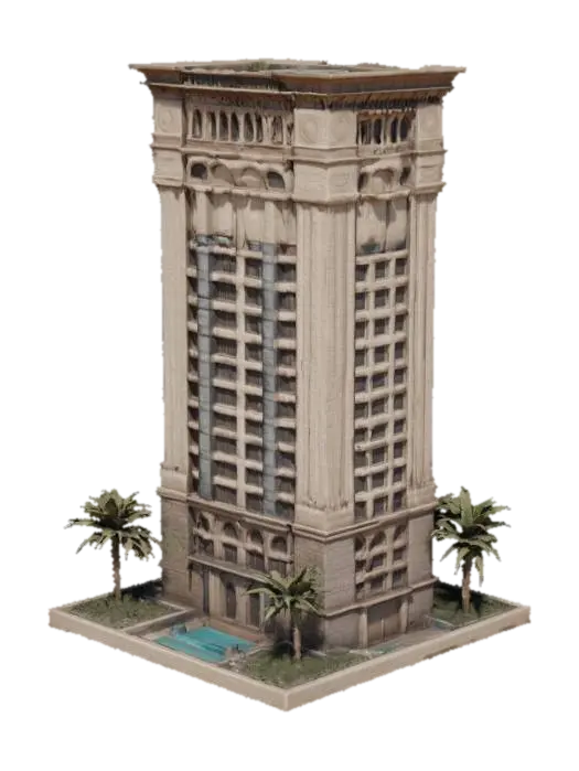 Tall high rise hotel brown stone classic style, new york city, with swimming pool on… 3D model, vytvořený pomocí AI