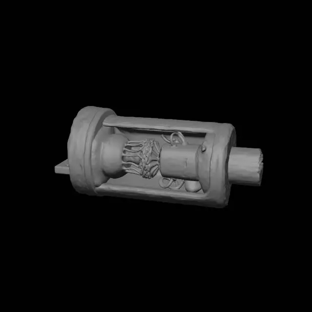 3D model for Futuristic HelixVault DNA pen-drive device, ultra-detailed 3D CAD model, compact USB form factor with transparent glass-metal hybrid casing. Internal architecture fully visible and interconnected: central DNA storage core with dense nano-capsule matrix arranged in hexagonal lattice, each capsule showing layered structure (DNA helix core, silica shell, MOF/polymer armor). All capsules linked via glowing nano-conduits and microfluidic channels flowing into a central control spine. Include embedded AI chip, nanopore sequencing unit, microfluidic pumps, nano-valves, circuit board traces, and power interface. USB connector exposed with precision pins. Exploded cutaway view with aligned layers, everything connected via conduits and wiring. Hyper-real materials, sharp reflections, cinematic light
