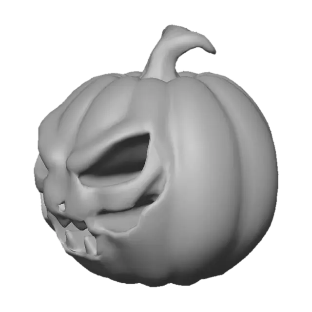 3D model for Highly detailed 3D model of a scary Halloween pumpkin, carved with an evil grinning face, glowing from the inside with warm orange light. Surface features deep grooves, rough natural texture, slightly decayed edges, and a twisted stem. Stylized for horror atmosphere — dark shading, subtle surface cracks, realistic candlelight flicker inside, spooky expression with sharp teeth and angry eyes. Studio lighting, isolated background, cinematic render, volumetric glow.