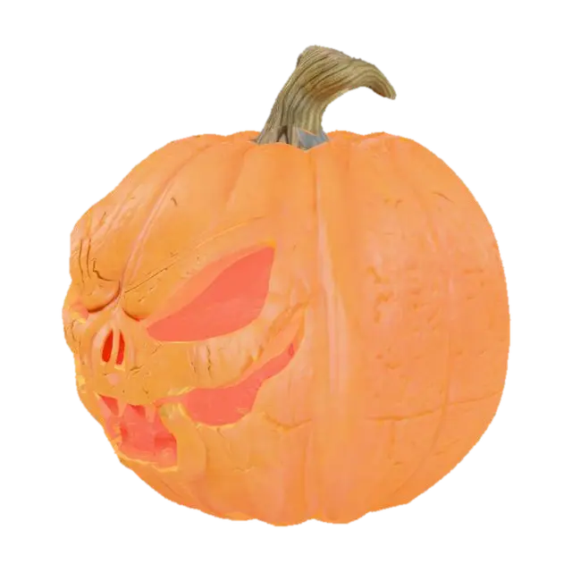 3D model for Highly detailed 3D model of a scary Halloween pumpkin, carved with an evil grinning face, glowing from the inside with warm orange light. Surface features deep grooves, rough natural texture, slightly decayed edges, and a twisted stem. Stylized for horror atmosphere — dark shading, subtle surface cracks, realistic candlelight flicker inside, spooky expression with sharp teeth and angry eyes. Studio lighting, isolated background, cinematic render, volumetric glow.