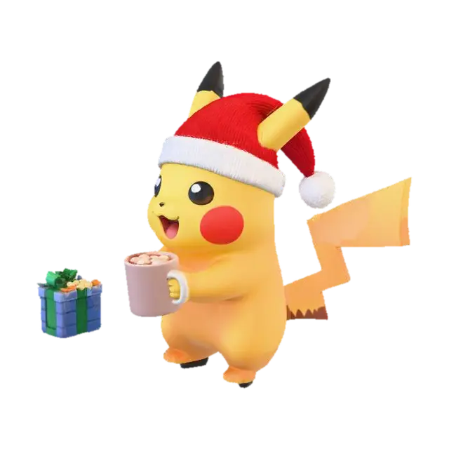 pikachu celebrating christmas, drinking cocoa near cozy fireplace, warm can festive… 3D model, vytvořený pomocí AI