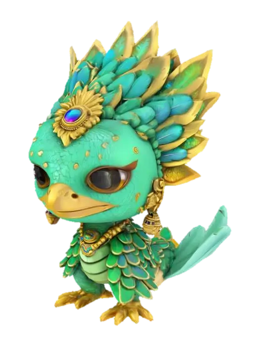 Chibi Quetzalcóatl, serpentine body with iridescent green and blue feathers, golden… - Mexico 3D model, vytvořený pomocí AI