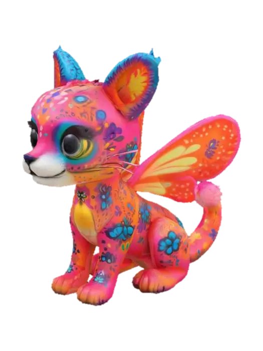 Chibi alebrije, bright-colored jaguar with butterfly wings and fluffy tail,… - Mexico 3D model, vytvořený pomocí AI