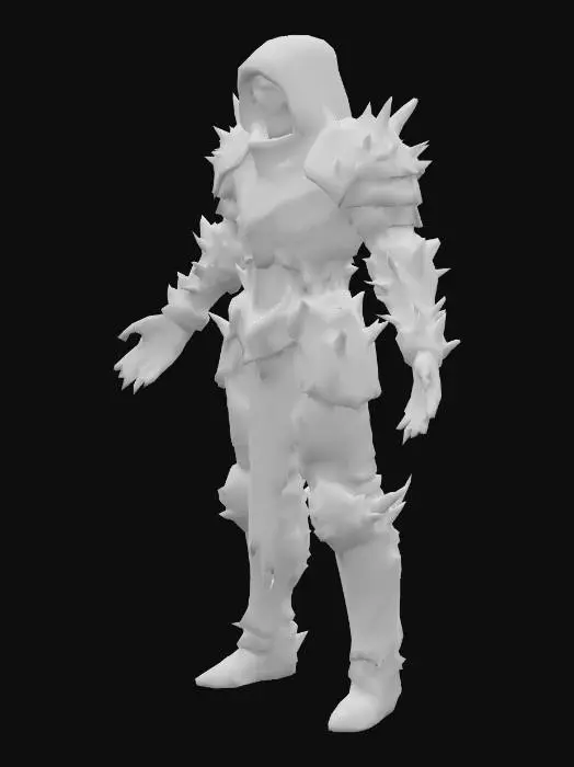 3D model for stylized realism, dark fantasy, plain background.  
Cryotic theme: glowing blue eyes, icy mist, frostbitten and cracked details, shards of crystal fused into the body.   
- Knight: lean armored undead skeleton in a T-pose, battered icy armor cracked with frost, faint blue glow leaking from joints and chest.  