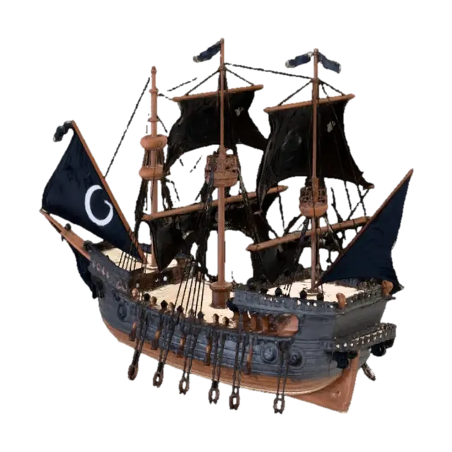 En az 35 yelkeni olan eski çağ bir yelkenli korsan gemisi oluştur. Geminin… - Corsair 3D model, vytvořený pomocí AI