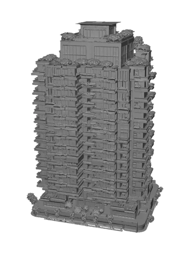 3D model for Modern luxury residential building, 18 stories, contemporary architecture, 
glass and concrete facade, green terraces, outdoor spaces, 
bright daylight, isometric view, detailed environment, 
apartment building, Skikda Algeria, professional render