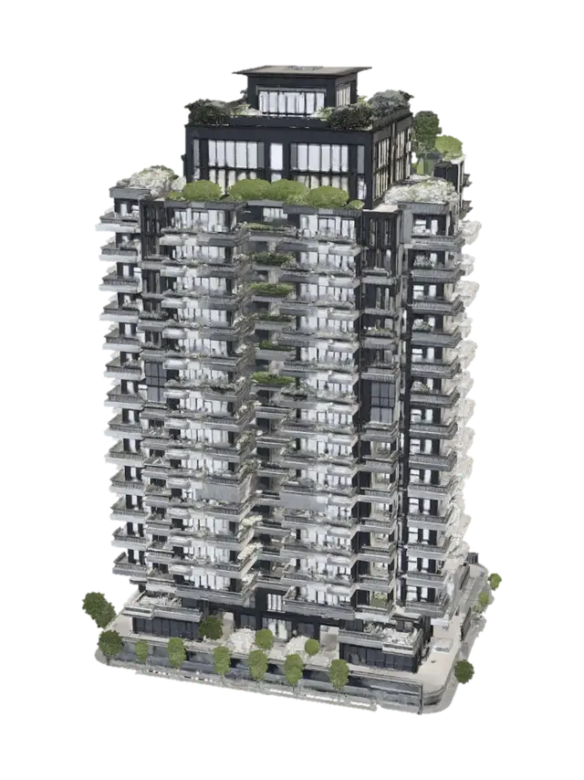 3D model for Modern luxury residential building, 18 stories, contemporary architecture, 
glass and concrete facade, green terraces, outdoor spaces, 
bright daylight, isometric view, detailed environment, 
apartment building, Skikda Algeria, professional render