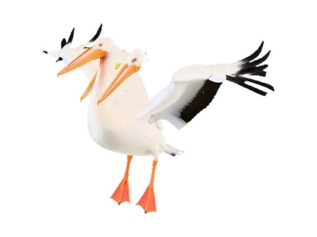 Pelican with white feathered body, big head with orange beak, blue eyes, large… 3D model, vytvořený pomocí AI