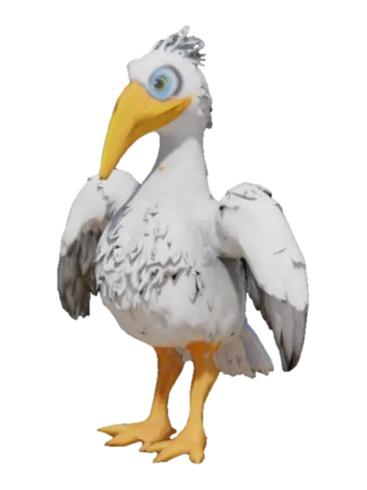 Woman dressed as a beautiful Pelican, big white feathered body, white head with… 3D model, vytvořený pomocí AI