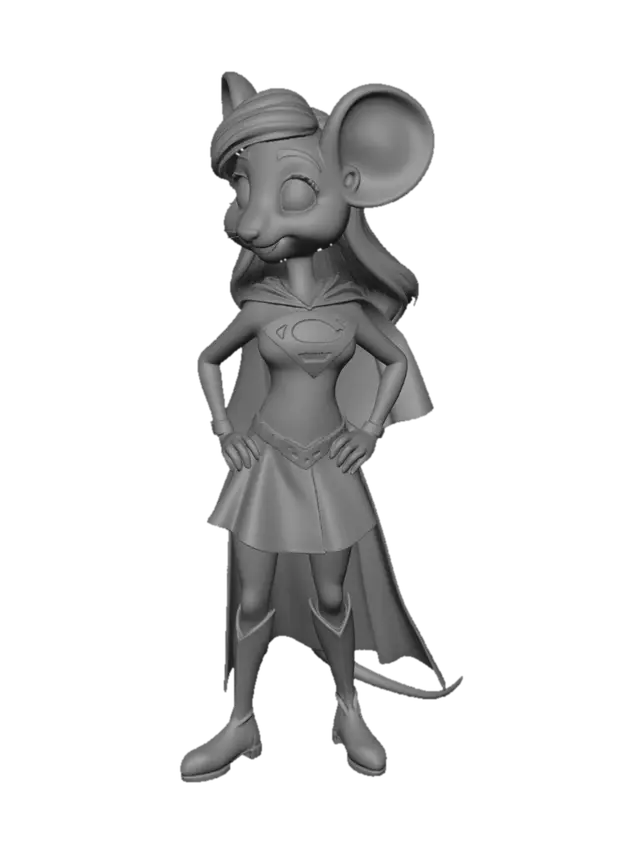 3D model for Animated cartoon Mouse dressed as Supergirl, blue costume with short red skirt, superman logo on chest, long red cape, blonde hair, blue eyes, yellow belt and red boots