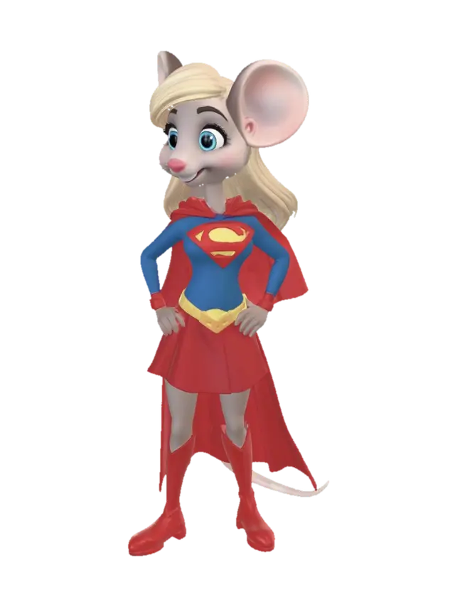 3D model for Animated cartoon Mouse dressed as Supergirl, blue costume with short red skirt, superman logo on chest, long red cape, blonde hair, blue eyes, yellow belt and red boots