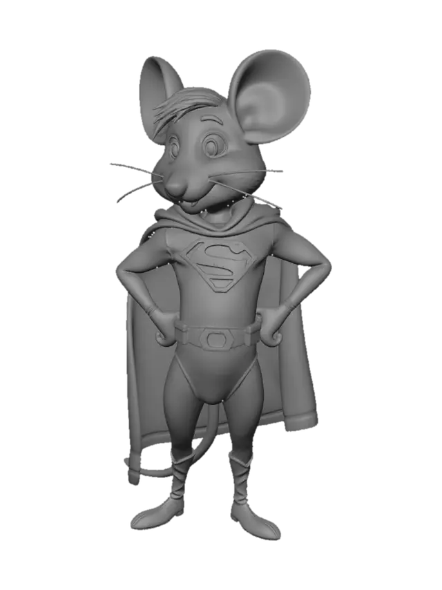 3D model for Animated cartoon Mouse dressed as Superman, blue costume with red underwear, superman logo on chest, long red cape, black hair, blue eyes, yellow belt and red boots