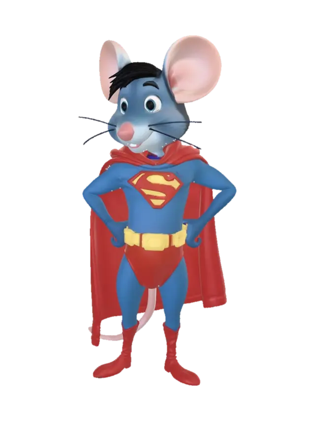 3D model for Animated cartoon Mouse dressed as Superman, blue costume with red underwear, superman logo on chest, long red cape, black hair, blue eyes, yellow belt and red boots