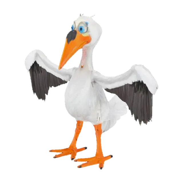 Man dressed as a Pelican, big white wings with black trim, orange feet, white tail… 3D model, vytvořený pomocí AI