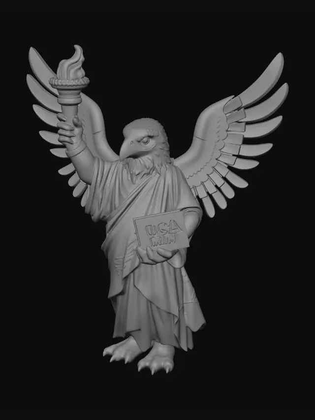 3D model for A charming, multicolor 3D printed model of an eagle resembling the Statue of Liberty, presented as nine snap-together pieces. The main body, arms, and torch base are light green, holding a two-piece golden flame torch and a light green book inscribed "USA 250th". The eagle's head is white with a yellow beak and eyes, topped by a light green crown. Two distinct snap-on wings feature vibrant red, white, and blue sections with raised white stars. Articulated yellow feet with black toe claws complete the figure, standing ready for assembly.