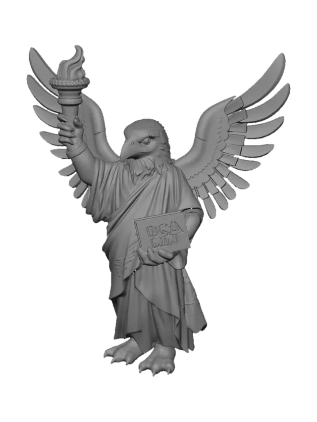3D model for A charming, multicolor 3D printed model of an eagle resembling the Statue of Liberty, presented as nine snap-together pieces. The main body, arms, and torch base are light green, holding a two-piece golden flame torch and a light green book inscribed "USA 250th". The eagle's head is white with a yellow beak and eyes, topped by a light green crown. Two distinct snap-on wings feature vibrant red, white, and blue sections with raised white stars. Articulated yellow feet with black toe claws complete the figure, standing ready for assembly.