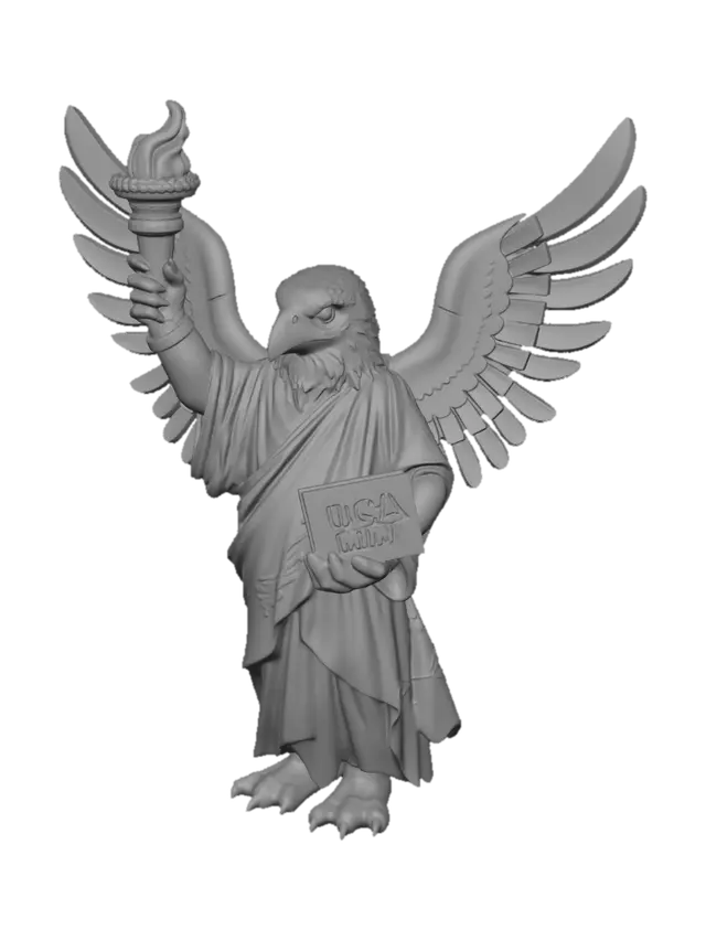 3D model for A charming, multicolor 3D printed model of an eagle resembling the Statue of Liberty, presented as nine snap-together pieces. The main body, arms, and torch base are light green, holding a two-piece golden flame torch and a light green book inscribed "USA 250th". The eagle's head is white with a yellow beak and eyes, topped by a light green crown. Two distinct snap-on wings feature vibrant red, white, and blue sections with raised white stars. Articulated yellow feet with black toe claws complete the figure, standing ready for assembly.