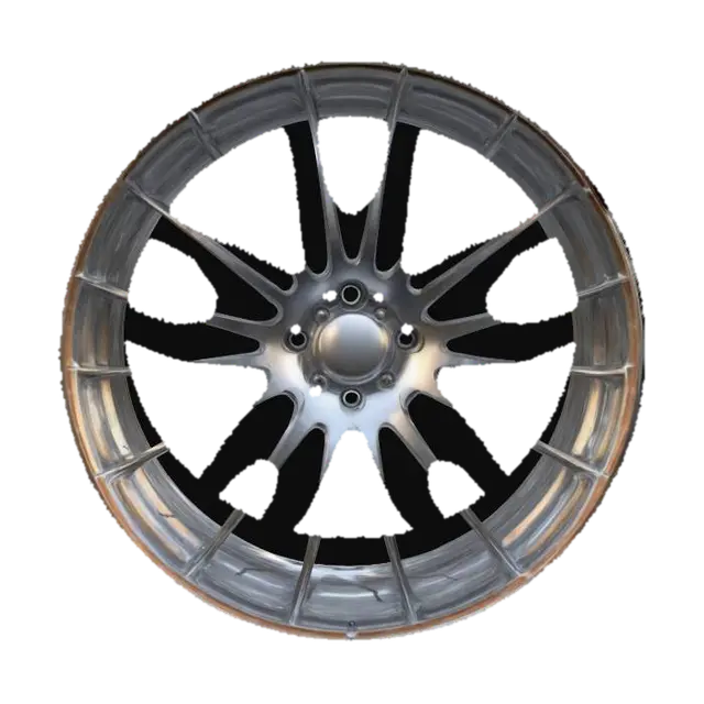 The object is a polished, black metallic aluminum rim with a geometric, multi-spoke pattern.… 3D model, AI generated