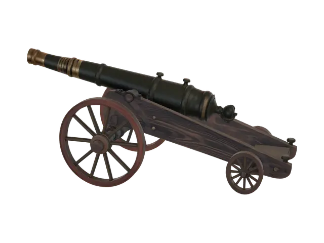 3D model for A stylized tabletop wargame miniature of a Crimean War era Russian bronze field gun (1850s), designed as a single collectible miniature object with no crew and no display base. Short bronze cannon barrel with reinforced rings and a slightly flared muzzle mounted on a sturdy wooden two-wheel artillery carriage. Large solid wooden wheels with thick spokes, heavy axle, trail, and elevation wedge. Slightly chunky self-supporting proportions suitable for 3D printing and tabletop miniatures, with simplified clean shapes and large readable details. Hand-painted miniature aesthetic with muted bronze, dark wood, iron fittings, and subtle edge highlights. Symmetrical object, centered, isolated on a plain light grey background, soft even studio lighting, minimal shadows, front three-quarter view. No