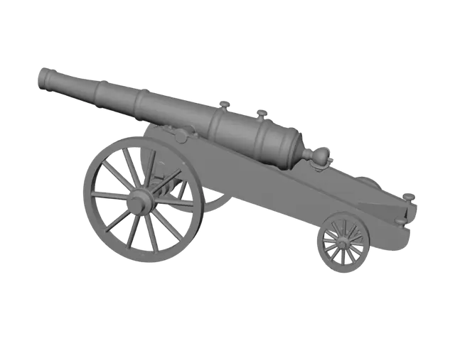 3D model for A stylized tabletop wargame miniature of a Crimean War era Russian bronze field gun (1850s), designed as a single collectible miniature object with no crew and no display base. Short bronze cannon barrel with reinforced rings and a slightly flared muzzle mounted on a sturdy wooden two-wheel artillery carriage. Large solid wooden wheels with thick spokes, heavy axle, trail, and elevation wedge. Slightly chunky self-supporting proportions suitable for 3D printing and tabletop miniatures, with simplified clean shapes and large readable details. Hand-painted miniature aesthetic with muted bronze, dark wood, iron fittings, and subtle edge highlights. Symmetrical object, centered, isolated on a plain light grey background, soft even studio lighting, minimal shadows, front three-quarter view. No
