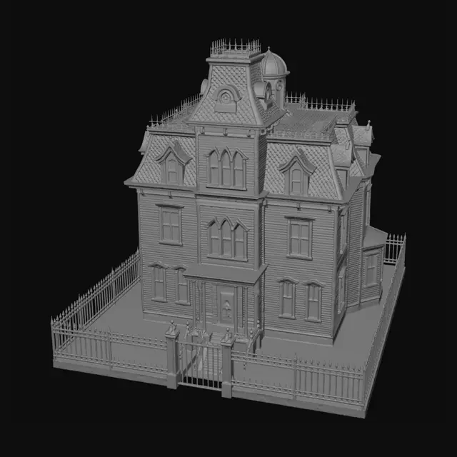 3D model for Elevated front three-quarter view 45-degree angle of a spooky, dilapidated Gothic Victorian mansion, isolated on a solid light grey studio background. Architecture features weathered dark wood siding, central Mansard roof with observation turret, ornate iron cresting, and complex dormer windows with pointed arches. A rusted wrought iron fence and gate perfectly enclose the property perimeter. Strong directional moonlight creates sharp shadows for maximum depth definition. No trees or vegetation.