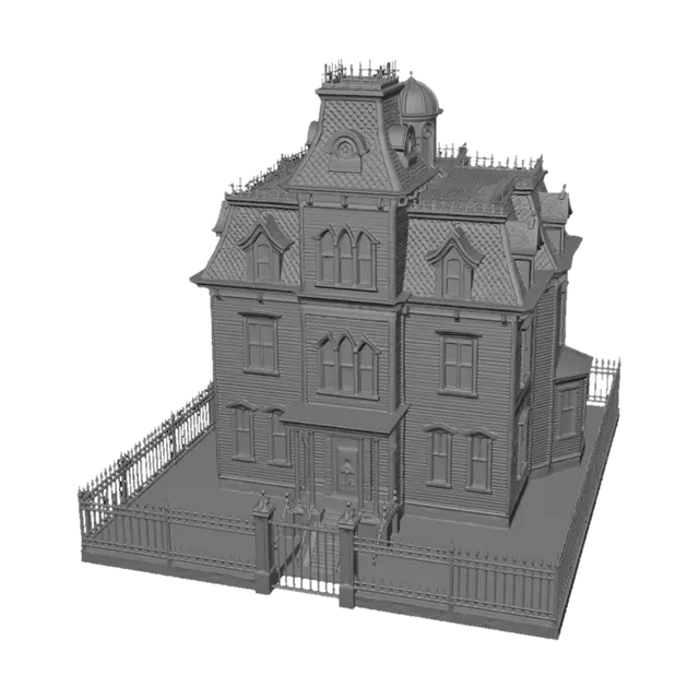 3D model for Elevated front three-quarter view 45-degree angle of a spooky, dilapidated Gothic Victorian mansion, isolated on a solid light grey studio background. Architecture features weathered dark wood siding, central Mansard roof with observation turret, ornate iron cresting, and complex dormer windows with pointed arches. A rusted wrought iron fence and gate perfectly enclose the property perimeter. Strong directional moonlight creates sharp shadows for maximum depth definition. No trees or vegetation.