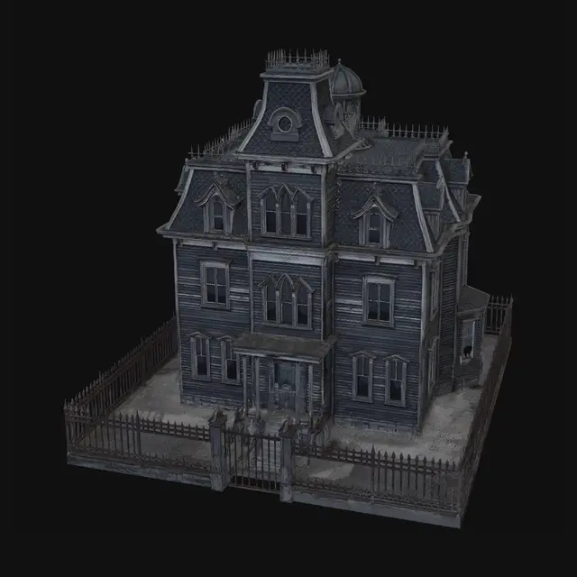 3D model for Elevated front three-quarter view 45-degree angle of a spooky, dilapidated Gothic Victorian mansion, isolated on a solid light grey studio background. Architecture features weathered dark wood siding, central Mansard roof with observation turret, ornate iron cresting, and complex dormer windows with pointed arches. A rusted wrought iron fence and gate perfectly enclose the property perimeter. Strong directional moonlight creates sharp shadows for maximum depth definition. No trees or vegetation.
