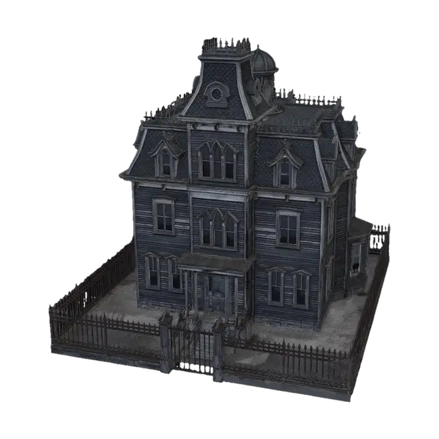 3D model for Elevated front three-quarter view 45-degree angle of a spooky, dilapidated Gothic Victorian mansion, isolated on a solid light grey studio background. Architecture features weathered dark wood siding, central Mansard roof with observation turret, ornate iron cresting, and complex dormer windows with pointed arches. A rusted wrought iron fence and gate perfectly enclose the property perimeter. Strong directional moonlight creates sharp shadows for maximum depth definition. No trees or vegetation.