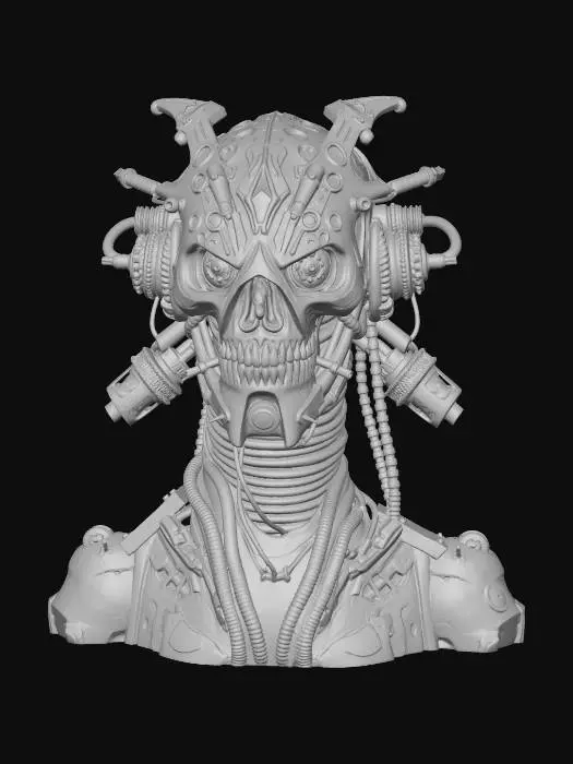 3D model for A high-detail 3D model of an asymmetrical wearable mask for 3D printing. The design blends dark fantasy aesthetics with biomechanical elements (H.R. Giger style). One side of the mask features organic bone-like structures and ancient engraved glowing runes, while the other side transitions into intricate mechanical tubes, hydraulic pistons, and artificial tendons.